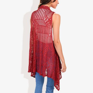 Women's Open Front Sleeveless Crochet Knit Vest with Asymmetrical Hem and Lightweight Draped Design
