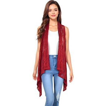 Women's Open Front Sleeveless Crochet Knit Vest with Asymmetrical Hem and Lightweight Draped Design