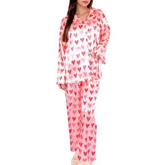Women's Heart Print Pajama Set with Button-Up Long Sleeve Top and Relaxed Fit Pants