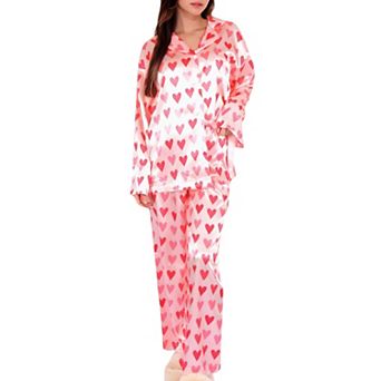 Women's Heart Print Pajama Set with Button-Up Long Sleeve Top and Relaxed Fit Pants