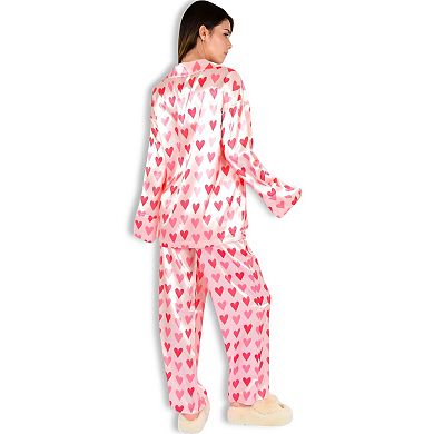 Women's Heart Print Pajama Set with Button-Up Long Sleeve Top and Relaxed Fit Pants