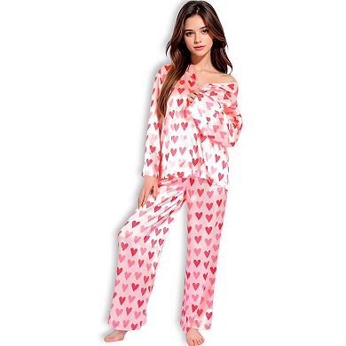 Women's Heart Print Pajama Set with Button-Up Long Sleeve Top and Relaxed Fit Pants