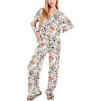Women's Satin Leopard Print Lounge Set with Button-Up Top and Wide-Leg Pants