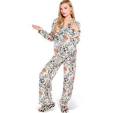 Women's Satin Leopard Print Lounge Set with Button-Up Top and Wide-Leg Pants