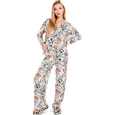 Women's Satin Leopard Print Lounge Set with Button-Up Top and Wide-Leg Pants
