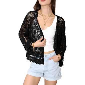 Women's Short Embroidered Lace Duster Crop Fashion Cardigan with Half Sleeves
