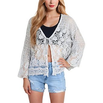 Women's Short Embroidered Lace Duster Crop Fashion Cardigan with Half Sleeves