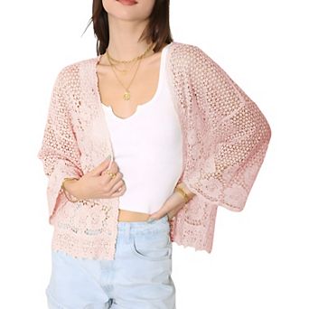 Women's Short Embroidered Lace Duster Crop Fashion Cardigan with Half Sleeves