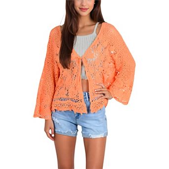 Women's Short Embroidered Lace Duster Crop Fashion Cardigan with Half Sleeves