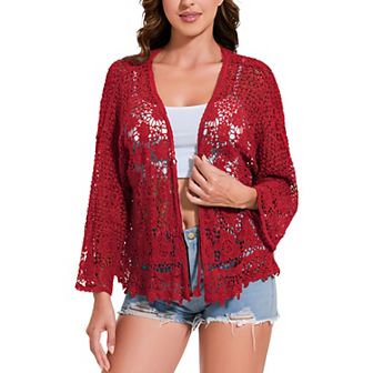Women's Short Embroidered Lace Duster Crop Fashion Cardigan with Half Sleeves