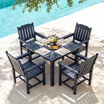 Patio Dining Set, HIPS Outdoor Dining Table and Chairs, with Umbrella Hole, Weather Resistant