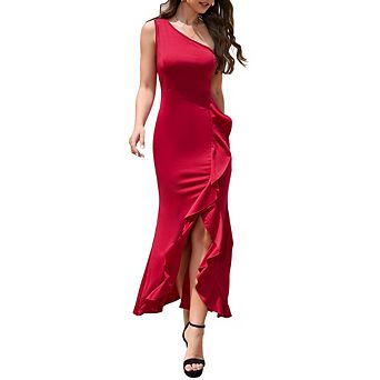Women's Elegant One Shoulder Ruched Asymmetric Ruffle Satin Cocktail Party Maxi Dress