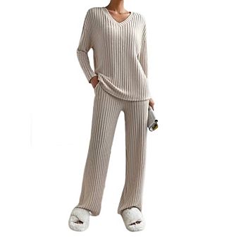 Women's Pajama Sets Long Sleeve Short Sleeve 2 pc Lounge Sets Ribbed Knit Sweater Sleepwear