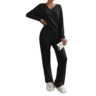 Women's Pajama Sets Long Sleeve Short Sleeve 2 pc Lounge Sets Ribbed Knit Sweater Sleepwear