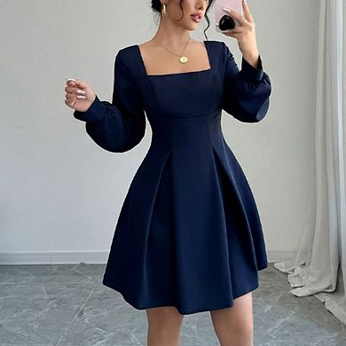 Women's Elegant Long Sleeve Solid Square Collar High Waist Dress A-line Casual Short Dress