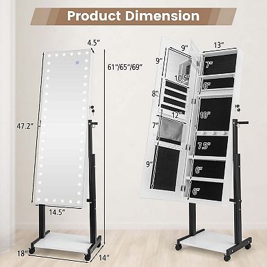 Costway 3-Color 46 LED Lights Mirror Jewelry Cabinet Armoire Adjustable Height with Wheels