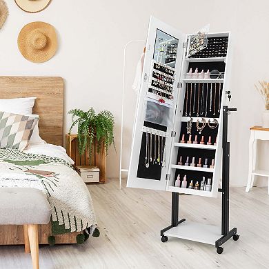 Costway 3-Color 46 LED Lights Mirror Jewelry Cabinet Armoire Adjustable Height with Wheels