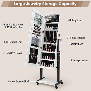 Costway 3-Color 46 LED Lights Mirror Jewelry Cabinet Armoire Adjustable Height with Wheels
