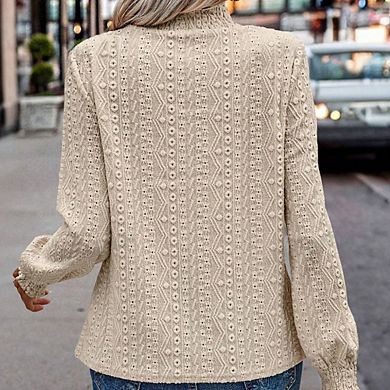 Women Blouse Jacquard Round Neck Long-Sleeve T-Shirt