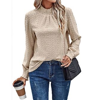 Women Blouse Jacquard Round Neck Long-Sleeve T-Shirt
