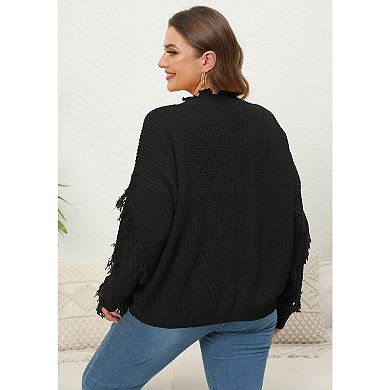 Plus Size Women's Sweater Shirt Long Sleeve V Neck Fringe Sweater
