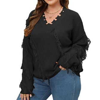 Plus Size Women's Sweater Shirt Long Sleeve V Neck Fringe Sweater