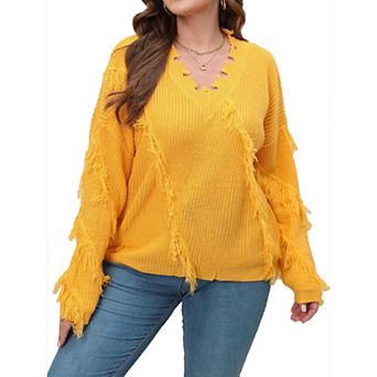 Plus Size Women's Sweater Shirt Long Sleeve V Neck Fringe Sweater