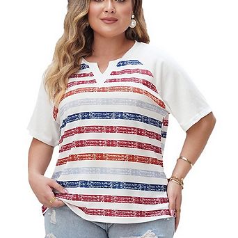 Plus Size Women's Blouse Short Sleeve Notched Neck Shirt V-Neck Striped Top