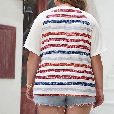 Plus Size Women's Blouse Short Sleeve Notched Neck Shirt V-Neck Striped Top
