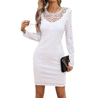 Women Dress Elegant Long Sleeve Lace Dress Round Neck Dress