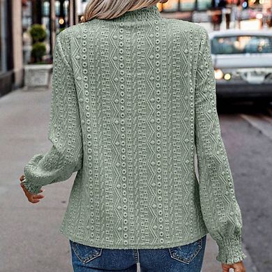 Women Blouse Jacquard Round Neck Long-Sleeve T-Shirt