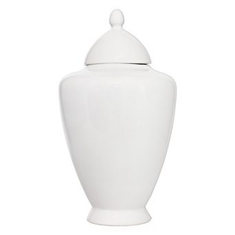 White Ceramic Ginger Jar with Lid; Antique Style Decorative Accent Vase
