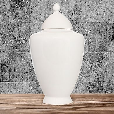 White Ceramic Ginger Jar with Lid; Antique Style Decorative Accent Vase