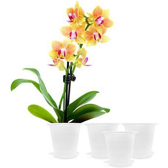 4.5" Orchid Pot Set, 4Pack; Mesh Insert, Decorative Outer Pot & Drain Tray