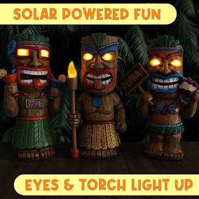 Solar Garden Tiki Statues, Set of 3; Light-Up Outdoor Decor with LED Illumination