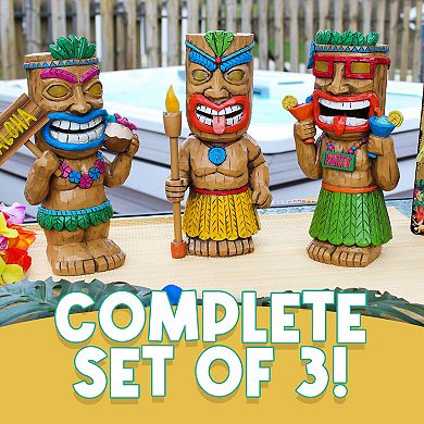 Solar Garden Tiki Statues, Set of 3; Light-Up Outdoor Decor with LED Illumination