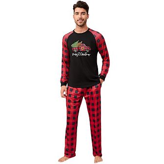 Pajamas Set for Men's 2 pc Plaid Pjs Long Sleeve Sleepwear