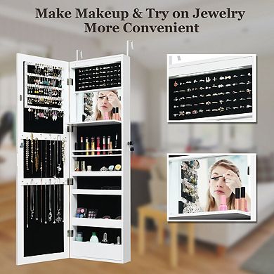Costway Wall Door Mounted Mirror Jewelry Cabinet Organizer LED Lights