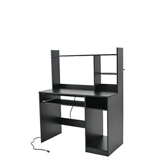 Costway Computer Desk Study Bookcase Workstation with Charging Station Hutch CPU Stand