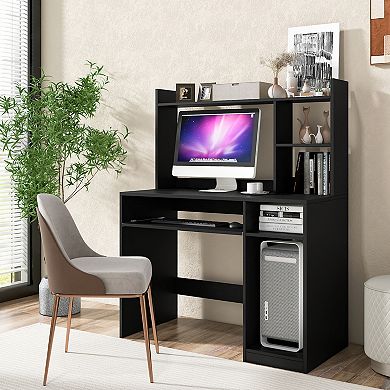 Costway Computer Desk Study Bookcase Workstation with Charging Station Hutch CPU Stand