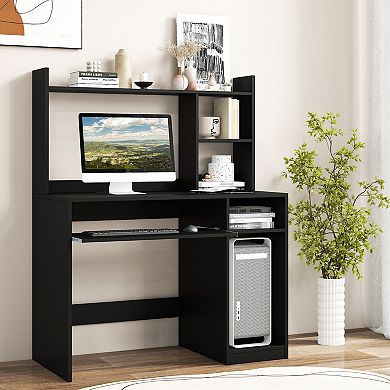 Costway Computer Desk Study Bookcase Workstation with Charging Station Hutch CPU Stand
