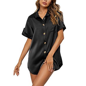 Women's Button Down Shirt Dress Casual Satin Sleepwear Midi Dress