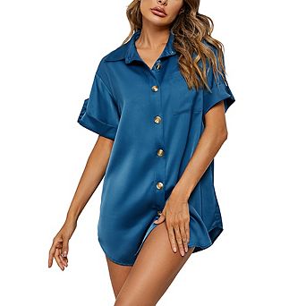 Women's Button Down Shirt Dress Casual Satin Sleepwear Midi Dress