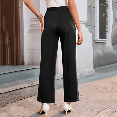 Women High Waist Wide Straight Leg Trousers Casual Button Details Slacks Dress  Pants with Pockets