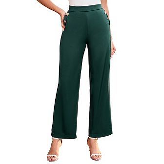 Women High Waist Wide Straight Leg Trousers Casual Button Details Slacks Dress Pants with Pockets