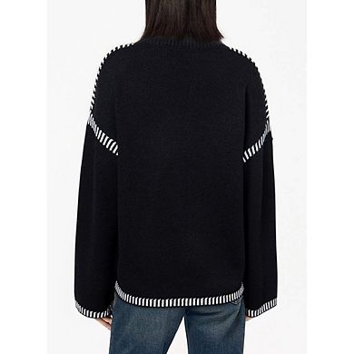 Women Contrast Sweater Crewneck Long Sleeve Knitted Tops