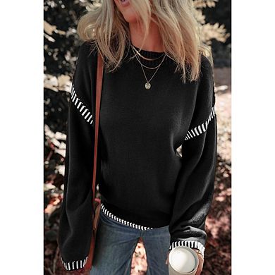Women Contrast Sweater Crewneck Long Sleeve Knitted Tops