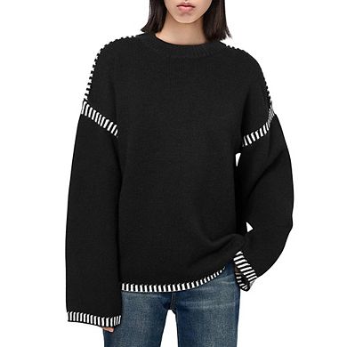 Women Contrast Sweater Crewneck Long Sleeve Knitted Tops