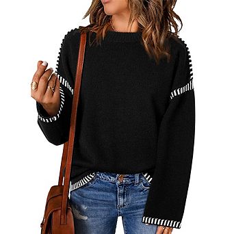 Women Contrast Sweater Crewneck Long Sleeve Knitted Tops