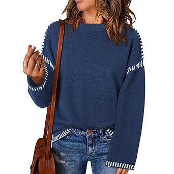 Women Contrast Sweater Crewneck Long Sleeve Knitted Tops